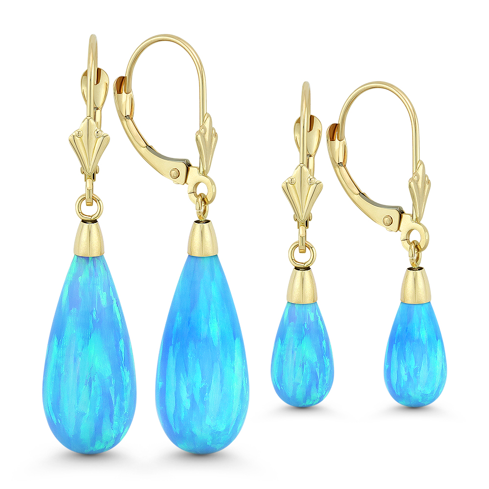 Fiery Peacock Blue Lab Opal 14k White Gold Leverback Tear-Drop Dangling Earrings