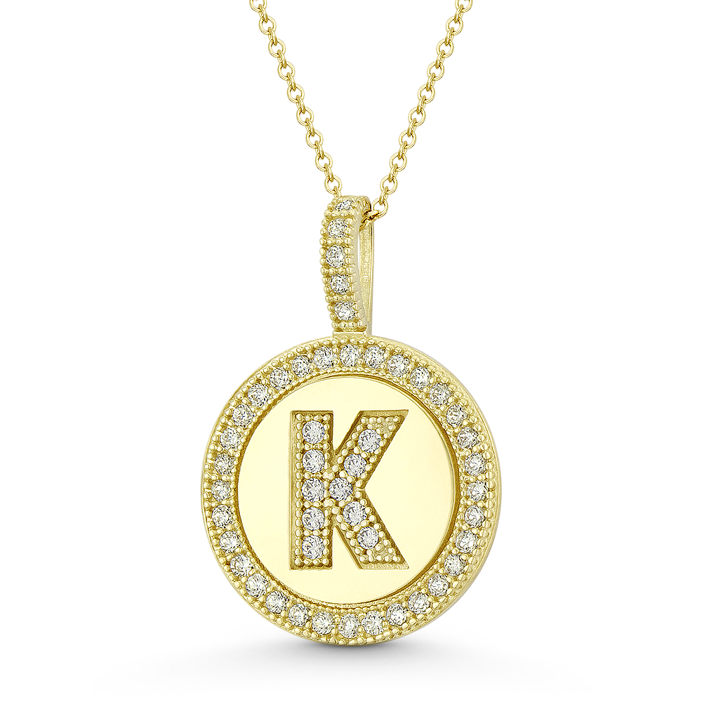Initial Letter K Halo CZ Crystal Pave 14k Yellow Gold 19x13mm 