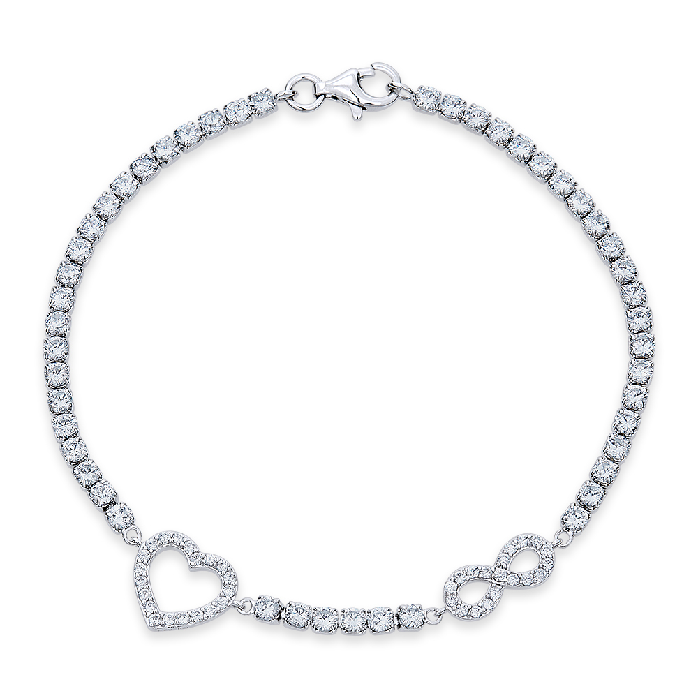 Infinity Figure 8 & Heart Charm Charm CZ Crystal Bracelet in 925 Sterling Silver