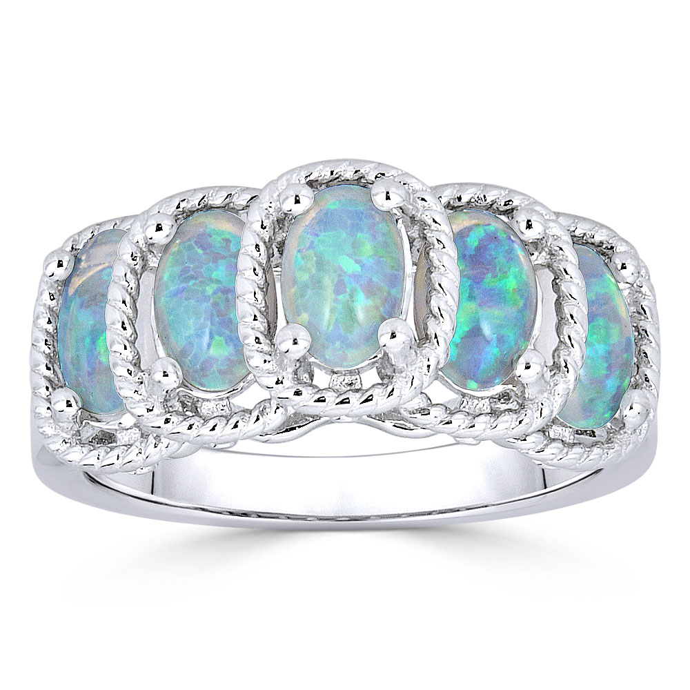 Oval Cabochon Lab-Opal 5-Stone Right-Hand Cathedral Ring in .925 ...