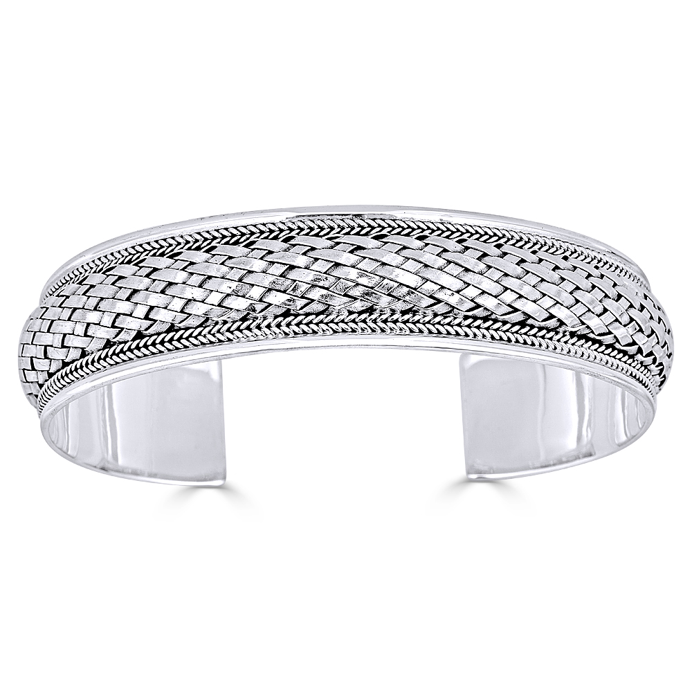 BasketWeave Adjustable 15mm OpenCuff Bangle Solid 925 Sterling Silver