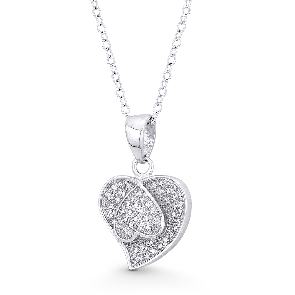 Heart CZ Crystal Love Charm Pendant & Necklace in 925 Sterling Silver w/ Rhodium